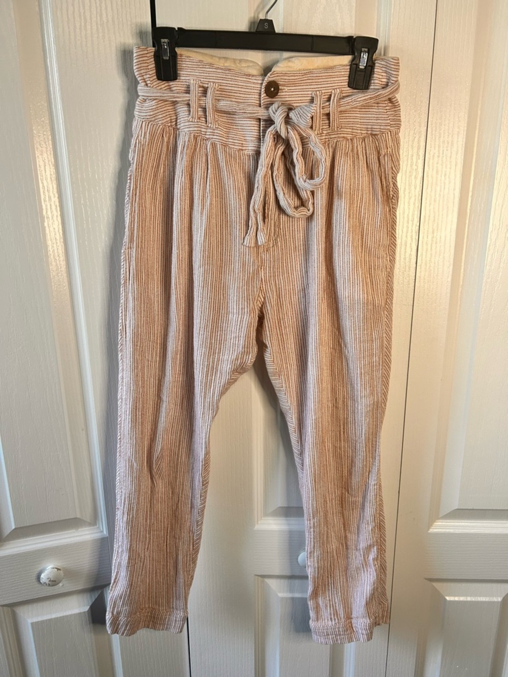 Free People Sunrise Crop Striped Jogger Pants Tie Waist Womens Sz 2 Orange White